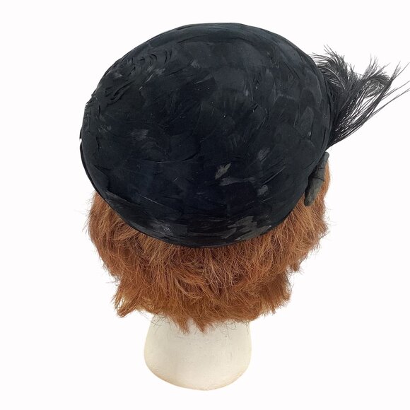 Vintage 1950s Black Feather Cocktail Pillbox Hat With Feather Detail - Picture 3 of 7